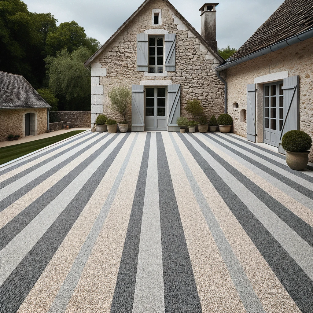 DALL·E-2023-10-24-14.21.00-Photo-of-an-old-country-house-with-visible-stone-walls-and-a-terrasse-behind-featuring-a-simple-striped-design-in-resin-bound-gravel.-Horizontal-stri
