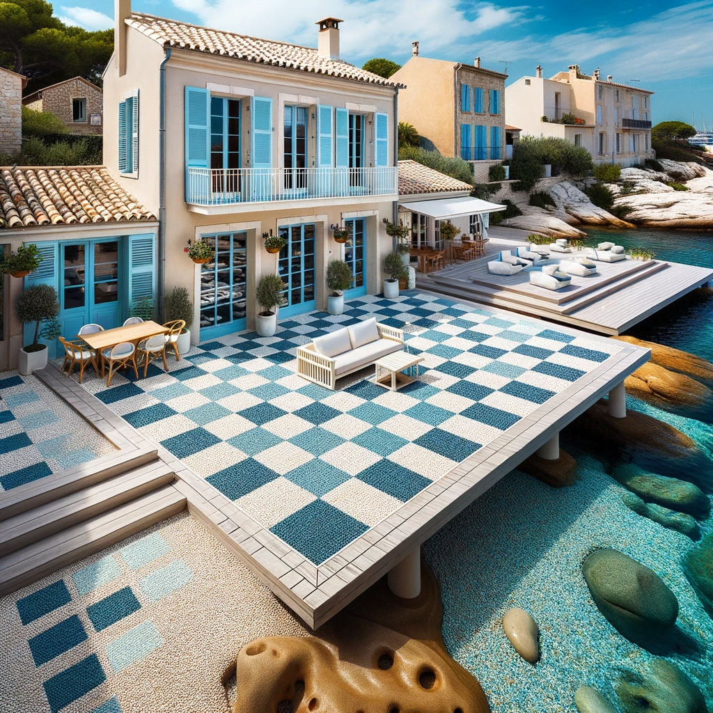 Photo-of-a-coastal-Marseille-house-with-a-terrasse-in-front-displaying-resin-bound-gravel-in-a-clear-checkerboard-pattern-using-bright-blue-and-whit