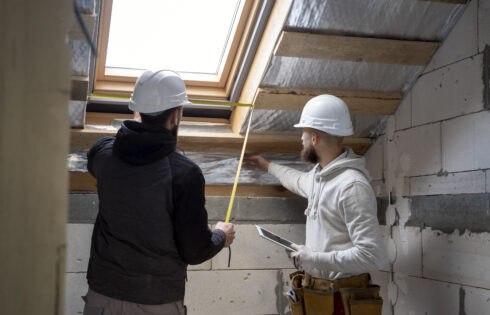 Photo de deux ouvriers avec leurs EPI faisant des travaux d'isolation