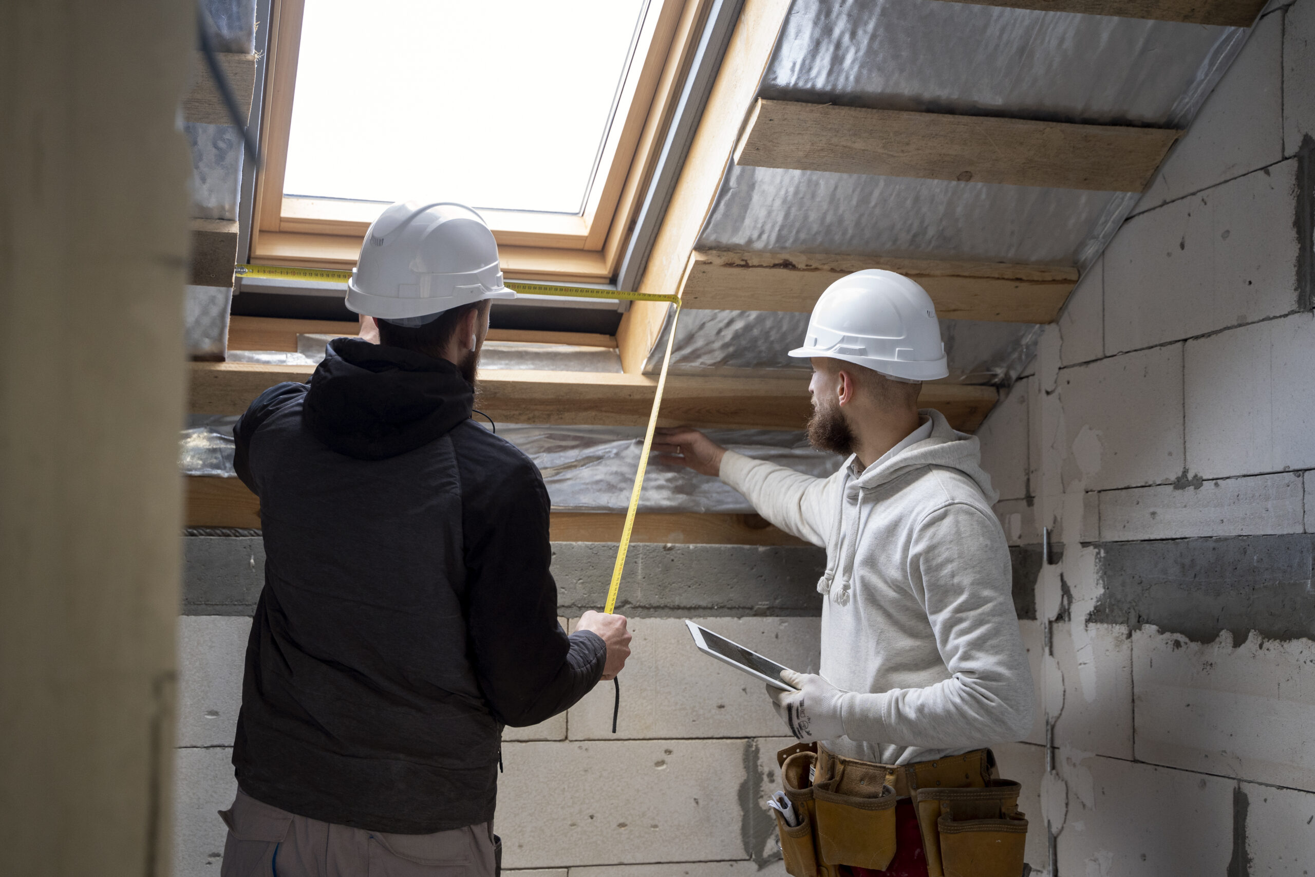 Photo de deux ouvriers avec leurs EPI faisant des travaux d'isolation