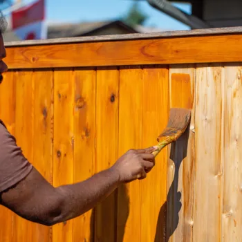 Un homme entretient sa clôture en bois en la peignant.